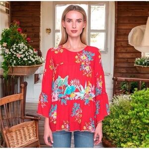 Johnny Was Peonies 3/4 Bell Sleeve Tiered Bright Floral Blouse/Top Size Medium